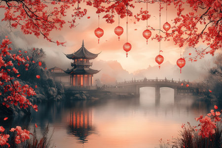 Chinese landscape with red lanterns and bridge in the autumn season.の素材