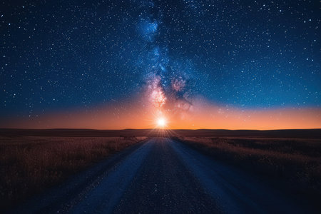 Milky Way over the road in the field at sunset. Nature backgroundの素材