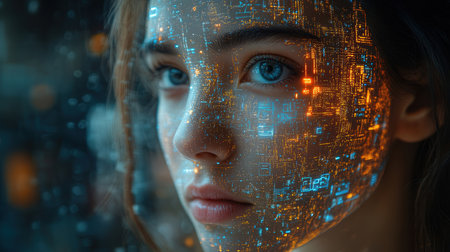 Close up portrait of a beautiful girl with artificial intelligence. Technology conceptの素材
