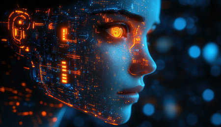 3d rendering artificial intelligence cyborg woman face on blue bokeh backgroundの素材