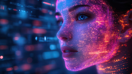 Cyborg woman with digital binary code on her face. 3D renderingの素材