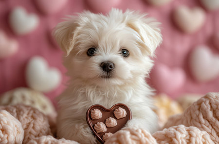 Cute Maltese puppy with chocolate heart on pink background, closeupの素材