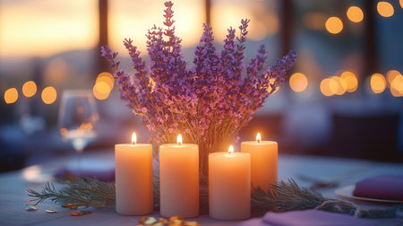 Romantic dinner with candles and lavender flowers on table in restaurantの素材