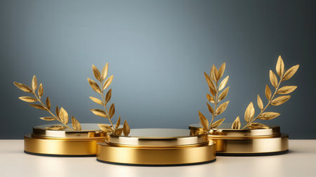 Golden podium with gold laurel wreath on white table. 3D renderingの素材