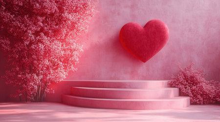 Valentine's Day background with red heart and podium, 3d renderの素材