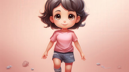 cute little girl in pink t-shirt and blue jeans, 3d illustrationの素材