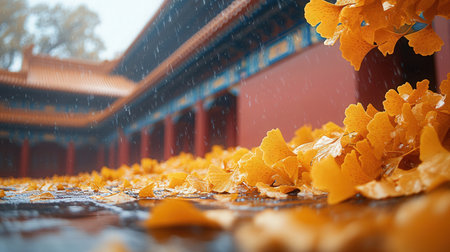 Autumn leaves falling on the floor in Forbidden City, Beijing, Chinaの素材