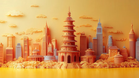 3d illustration of China city in paper cut style. Global business concept.の素材