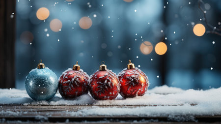 Christmas balls in snow with bokeh background, winter holiday conceptの素材