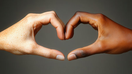 Two hands forming a heart shape with their fingers on a gray backgroundの素材