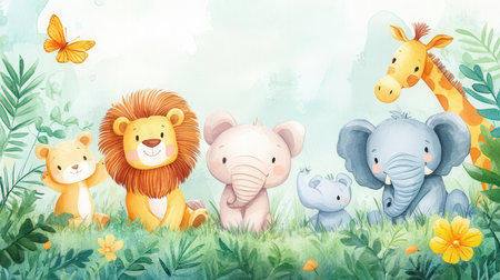 Cute cartoon animals on the meadow. Watercolor illustration.の素材