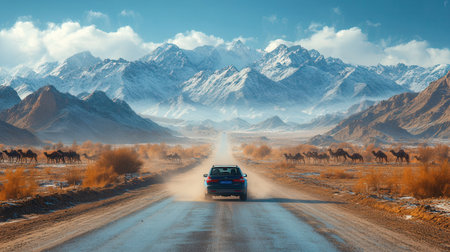 Car on the road in the desert of Pamir. Tajikistanの素材