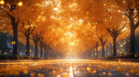 Autumn park with yellow maple tree and road in foggy morningの素材