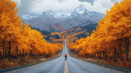 Autumn road with yellow trees and snow capped mountains in the backgroundの素材