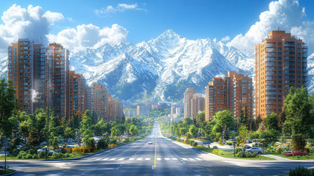 High rise buildings on the road in the city with snow mountain backgroundの素材