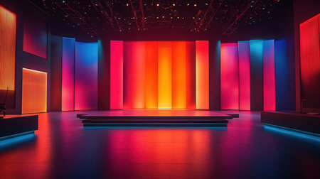 3d render, abstract background, empty stage with red and blue lightsの素材