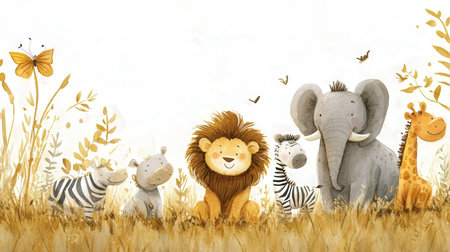 Cartoon illustration of a group of wild animals in the field.の素材