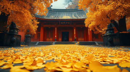 Ginkgo biloba leaves in front of chinese temple in autumnの素材
