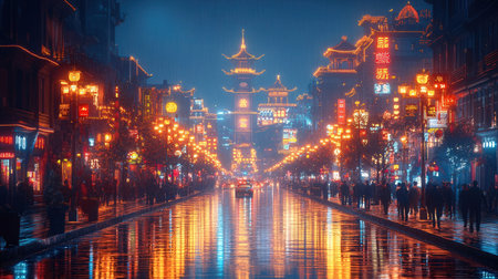 Shanghai street at night with Chinese lanterns, China.の素材