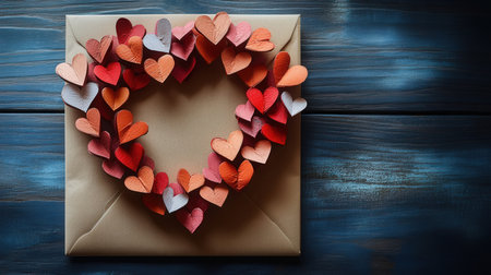 Valentine's Day background with envelope and hearts on wooden backgroundの素材
