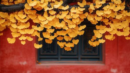 Ginkgo leaves hanging on the wall of a Chinese temple in autumnの素材
