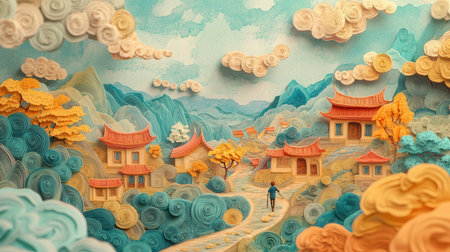 Chinese traditional landscape painting in blue and yellow tone,3d renderingの素材