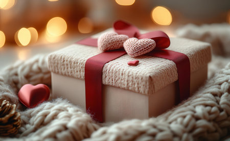 Beautiful gift box with heart on bokeh background, closeupの素材