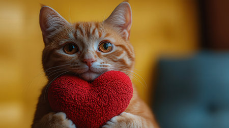Cute red cat holding a red heart. Valentine's day concept.の素材