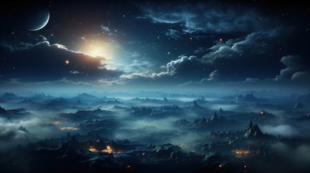 Fantasy landscape with mountains, stars and moon. 3d renderingの素材