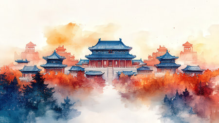 Chinese ancient architecture landscape on watercolor background. Watercolor painting.の素材
