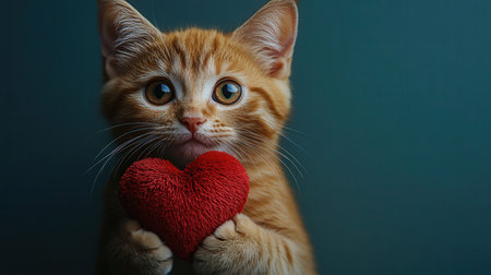 Cute ginger kitten with red heart on dark background, close upの素材