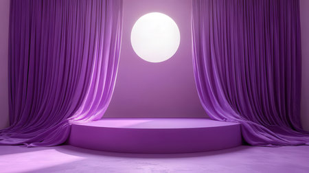 Purple stage with purple curtains and full moon. 3D renderingの素材