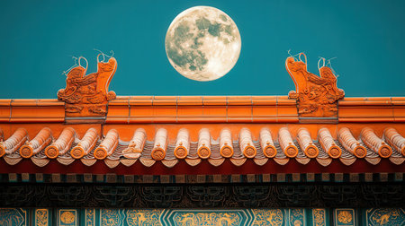 Chinese temple roof with moon in the sky, chinese temple roofの素材