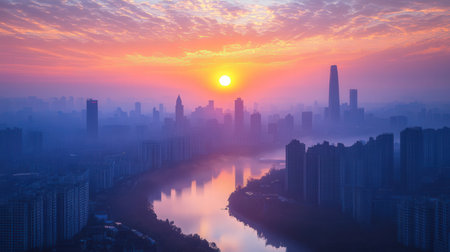 Aerial view of the city at sunrise, Shanghai, China.の素材
