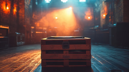Wooden box on the floor in a dark room illuminated by spotlightsの素材
