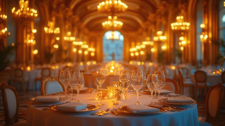 Wedding Banquet table served with cutlery and glassesの素材
