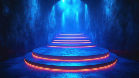 3d rendering of blue neon light and stairs in a dark roomの素材