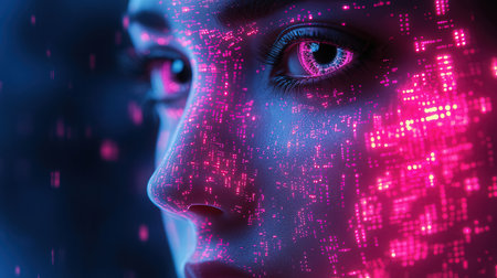 Cyborg woman face with binary code. Artificial intelligence concept. 3D Renderingの素材