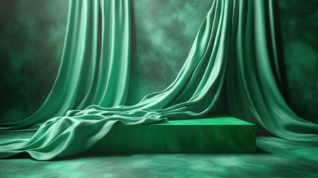 Green velvet curtain with pedestal. 3D rendering. Mock up.の素材