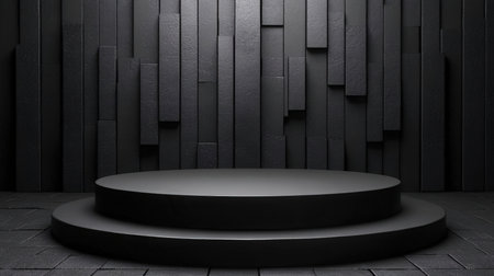 Black podium on dark background. 3d rendering. Computer digital drawing.の素材