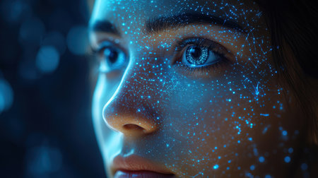 Beautiful young woman with blue glowing eye make up over dark backgroundの素材