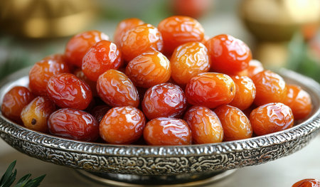 Dried jujube in metal bowl on wooden table, closeupの素材