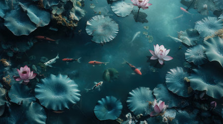 Aerial view of a lotus flower and fish in the pondの素材