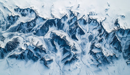 Aerial view of snow covered mountains. Caucasus Mountains, Georgia.の素材