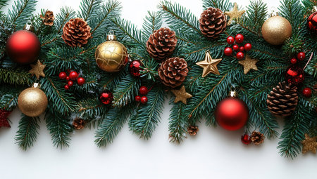 Christmas background with fir branches, red and golden decorations on white backgroundの素材