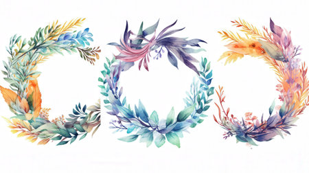 Watercolor floral wreaths. Hand drawn flowers, leaves and branches.の素材