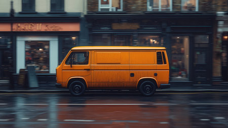 3D rendering of an orange van on a street in London.の素材