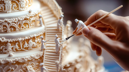 Close-up shot of a female chef decorating a wedding cakeの素材