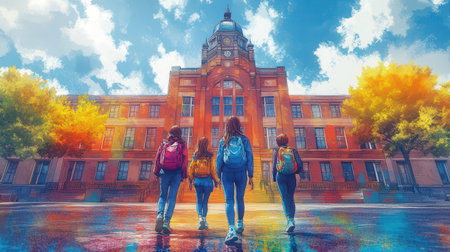 Group of students walking in front of university building. Education concept.の素材