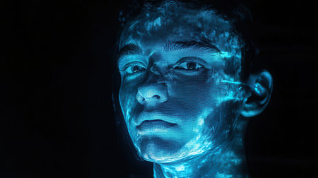 Portrait of a man with blue light on his face. 3D renderingの素材